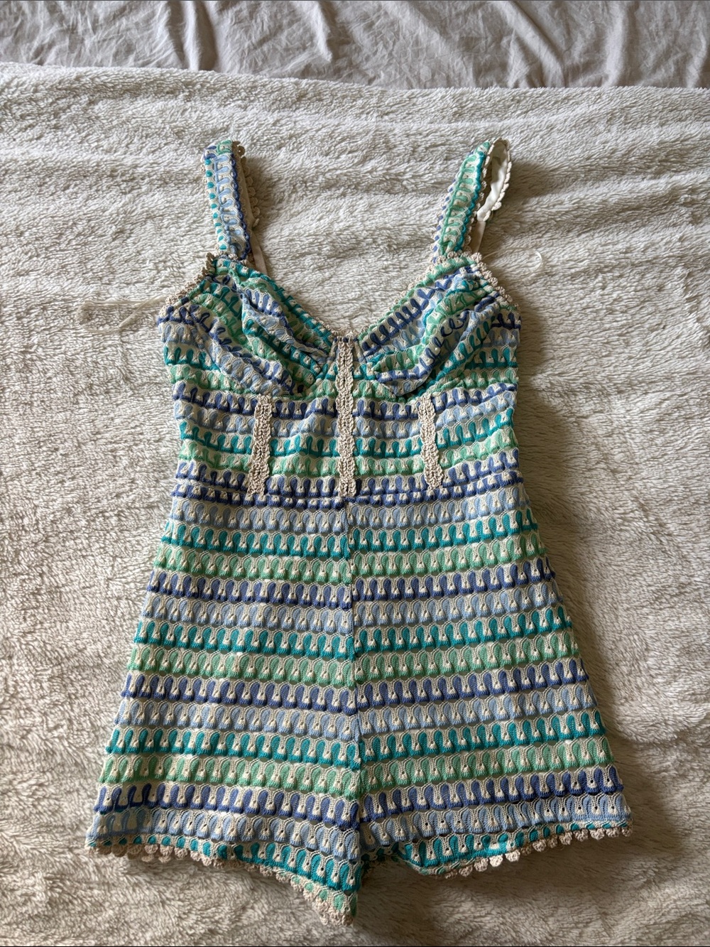 Fashion Nova Blue, Green and White Crochet Romper M
